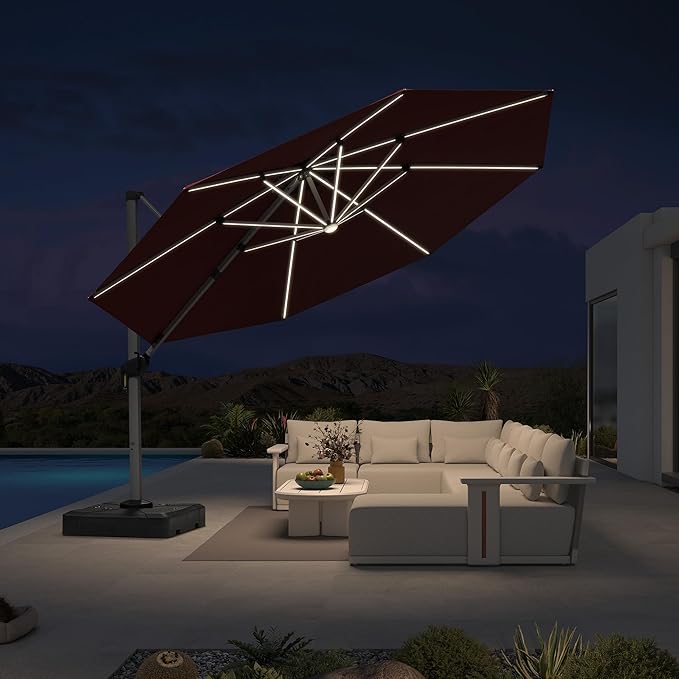 PURPLE LEAF 13ft Patio Umbrella with Lights Outdoor Round Large Cantilever Umbrella Solar Powered LED Windproof Offset Umbrella Heavy Duty for Garden Deck Pool Patio, Brick Red