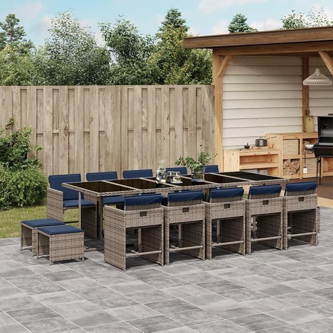 15 Piece Garden Dining Set, Patio Rattan Furniture with Cushions, Space Saving Cube Table and Chairs for Backyard Deck