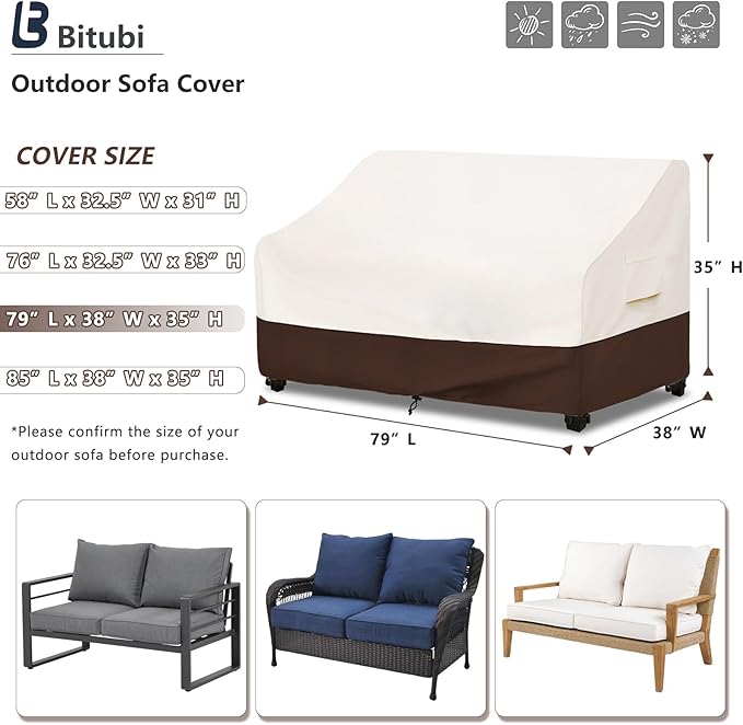 Bitubi Waterproof Patio Sofa Cover, Heavy Duty 3-Seater Outdoor Couch Cover Size Up to 79W x 38D x 35H Inches, Lawn Patio Furniture Covers with Air Vent (Brown)