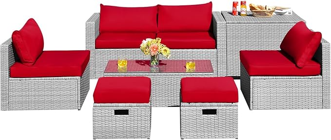 DORTALA 8 Pieces Patio Furniture Set, PE Rattan Sectional Sofa Set with Tempered Glass Table & Waterproof Cushions, Outdoor Wicker Conversation Set for Balcony, Poolside, Red