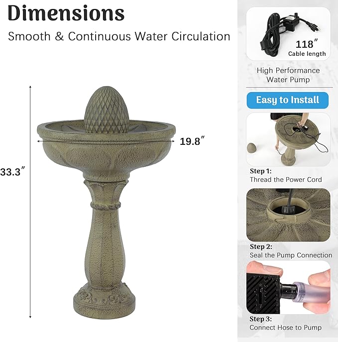 Redlife 33.3" Tall Outdoor Fountain, Classic Pedestal Garden Water Feature with Pineapple Finial, Stone-Look Waterproof Resin Single-Tier Bubbler for Patio, Yard, Lawn Decor