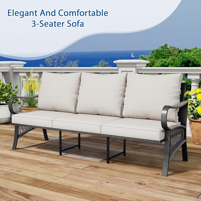 5 Piece Patio Furniture Set, 7 Seat Metal Outdoor Sectional Sofa Set with Thick Cushions, All Weather Patio Conversation Set with Coffee Table for Garden, Porch, Lawn, Beige