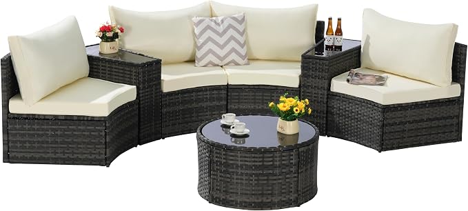 KEIKI Outdoor Patio Furniture 7-Piece Half-Moon Curved Sectional Sofa Set, All-Weather Wicker Patio Conversation Set with Round Coffee Table and 2 Storage Armrests for Poolside Backyard, Beige