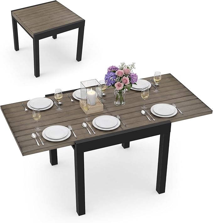Expandable Patio Dining Table for 4-6 Person, Aluminum Extendable Outdoor Table, 32"-65" Adjustable Patio Table, Square/Rectangular Outdoor Accent Table for Garden, Backyard, Poolside, Gray