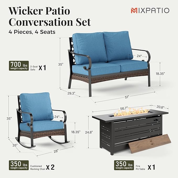 Patio Furniture Set with Firepit Table, Black Frame Outdoor Conversation Set with 2 x Rocking Chair, 1 x 2-Seat Sofa for Lawn Garden Backyard, Navy Blue