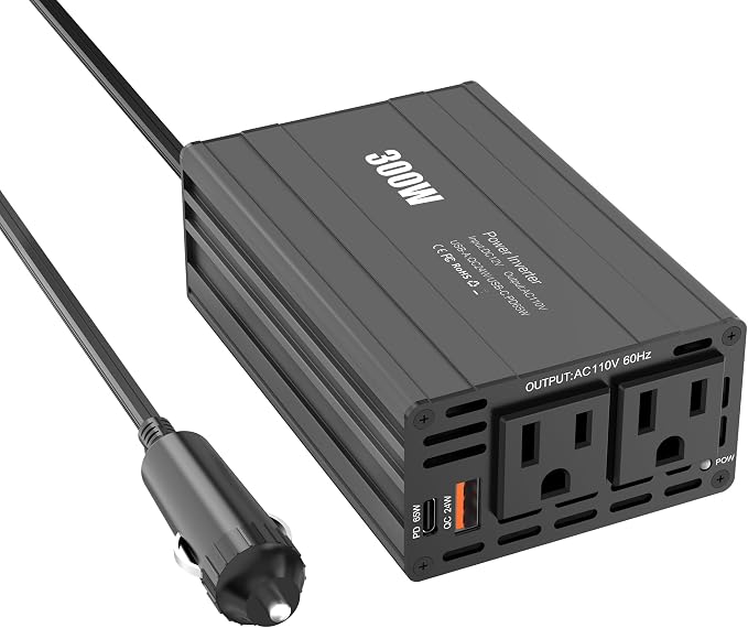 300W Power Inverter – Car Converter DC 12V to AC 110V with PD 65W USB-C & QC 24W USB Ports – Portable Vehicle Charger Adapter for Laptop, Tablet, Phone – Road Trip Essential