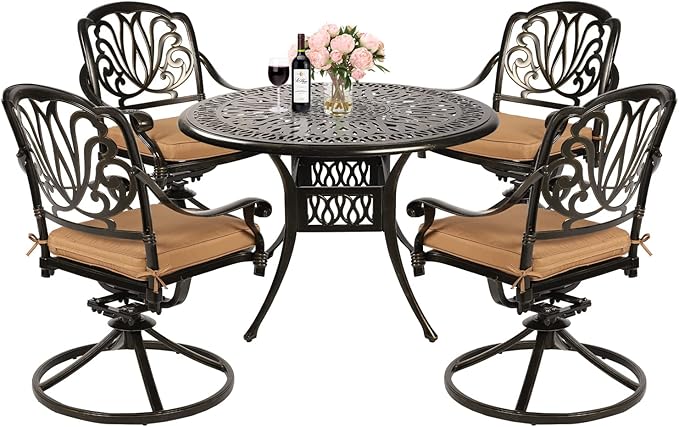 MEETWARM 5-Piece Outdoor Patio Dining Set, All-Weather Cast Aluminum Patio Conversation Set for Backyard Garden Deck with 4 Cushions Swivel Rocker Chairs and 35.4" Round Table, 2.2" Umbrella Hole
