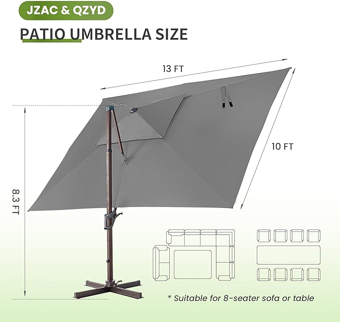 JZAC & QZYD 10X13 FT Outdoor Cantilever Patio Umbrella with LED Lights, Large Heavy Duty 2-Tier Aluminum Offset Umbrellas with 360-Degree Rotation for Pool Deck, Grey
