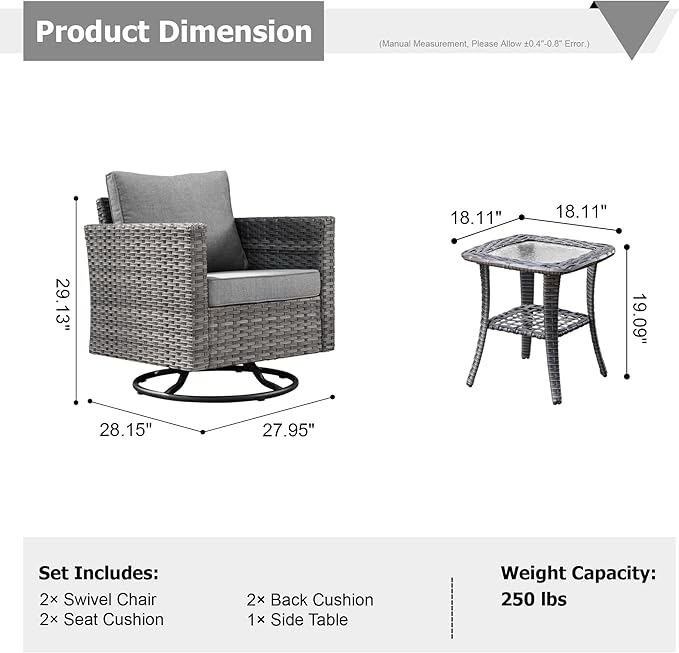 HOOOWOOO Wicker Outdoor Swivel Bistro Set for 2,3 Piece Patio Rocking Chairs and Table,All Weather Resistant Outside Out Door Rattan Rockers Furniture Set,Charcoal Gray