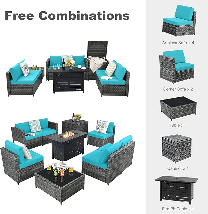 Tangkula 9 Pieces Patio Rattan Furniture Set, Patiojoy Sectional Sofa Set w/Storage Box, Coffee Table, Outdoor Wicker Conversation Set w/ 42” ETL Approved Propane Fire Pit Table (Turquoise)