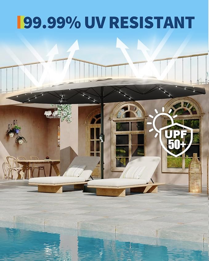 15FT Large Patio Umbrella with Base and Solar Lights, Double-Sided Rectangle Umbrella Oversized Shade for 8-10 People,36 LED Lights and Weighted Base for Pool, Deck, Backyard,Grey