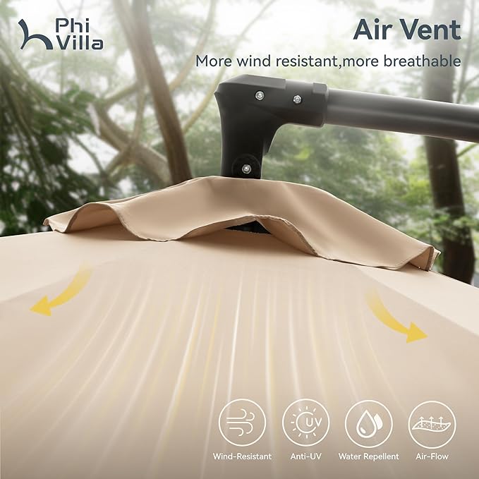 PHI VILLA 10ft Offset Patio Umbrellas with Base Included, Outdoor Market Hanging Umbrella with 8 Ribs for Deck Pool Porch Backyard, Beige