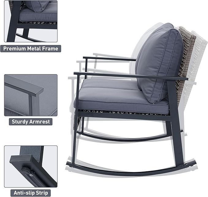Ainfox Outdoor Wicker Loveseat Rocking Chair, Patio Rattan Rocker Chair with Cushions，All-Weather Modern Cozy Rocking Wicker Furniture for Garden Backyard Porch, Grey