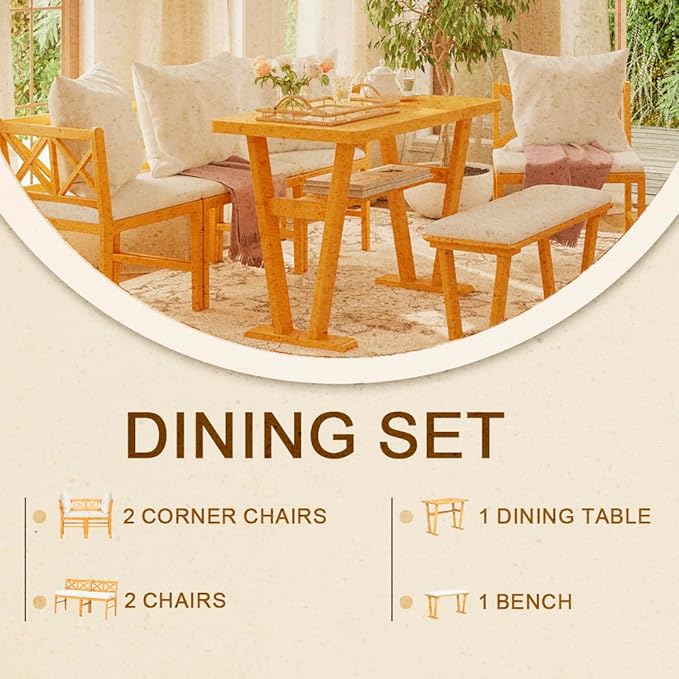 5 Pieces Wood Patio Furniture Set, Wood Outdoor Conversation Set with Bench, Loveseat, 2 Armchairs & Table, Natural+White