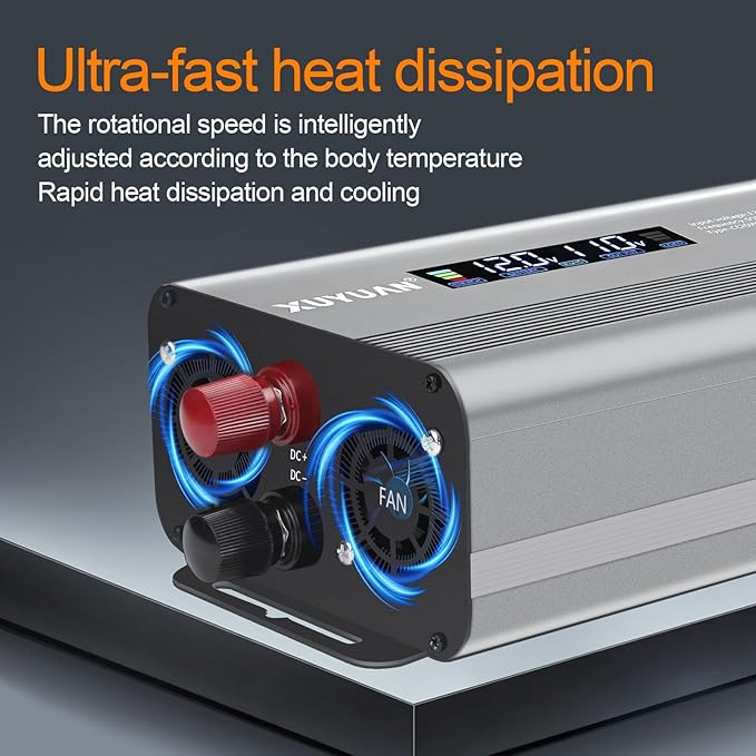 1000W Pure Sine Wave Inverter, 12V/24V Auto-Detect, 50Hz/60Hz Switchable, LCD Display, Type-C Fast Charging, Silent Design, Overload & Overheat Protection for RV, Home