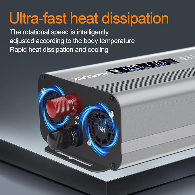 500W Pure Sine Wave Inverter, 12V/24V Auto-Detect, 50Hz/60Hz Switchable, LCD Display, Type-C Fast Charging, Silent Design, Overload & Overheat Protection for RV, Home