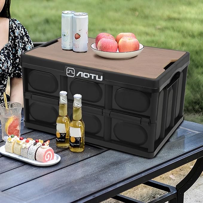 Ymiko Outdoor Storage Box, Storage Box with Wooden Panel 30L Removable Camping Box for Outdoor (Black)