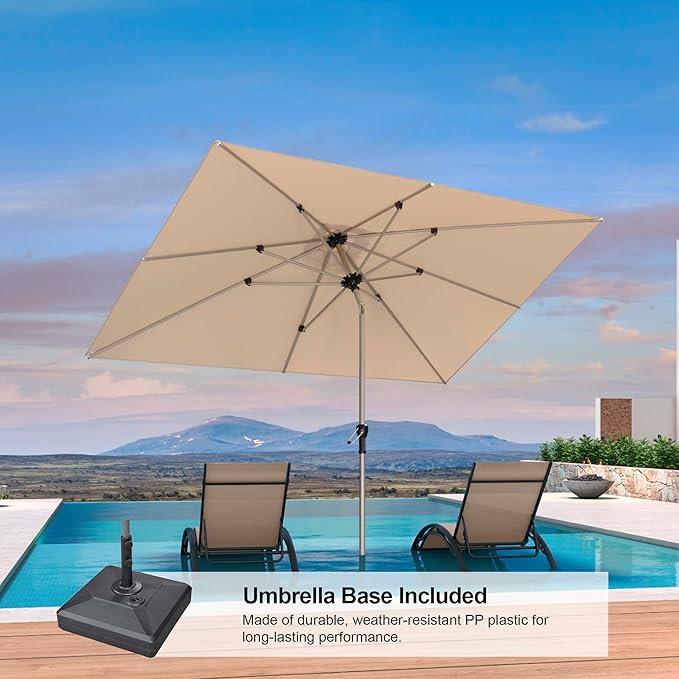 PURPLE LEAF 6.5' x 10' Market Umbrella, Rectangle Patio Umbrella with Base Included, Heavy Duty Outdoor Table Umbrella with Tilt, Aluminum Pool Umbrella for Deck, Garden, or Poolside, Khaki