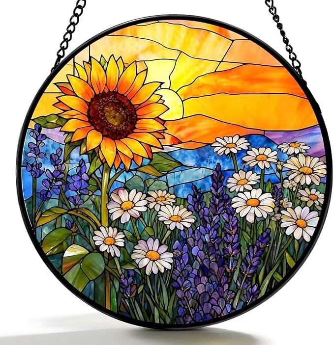 Stained Glass Window Hanging - Sunflowers, Daisies, Lavender and Sunset 6.3 Inches Suncatcher for Garden Home Decor for Women Mom Grandma Friends