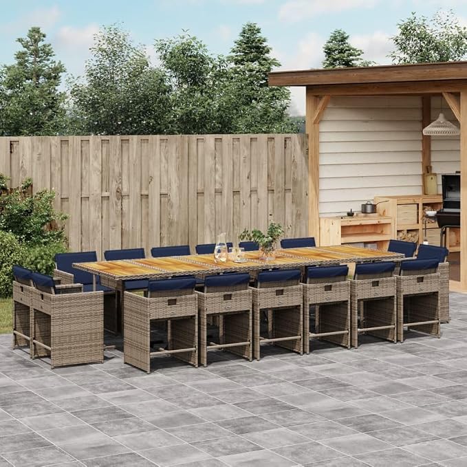 17 Piece Patio Dining Set with Cushions Gray Poly Rattan Outdoor Table and 16 Chairs for Garden Backyard Dining Folding Space Saving Acacia Wood Top UV Protected