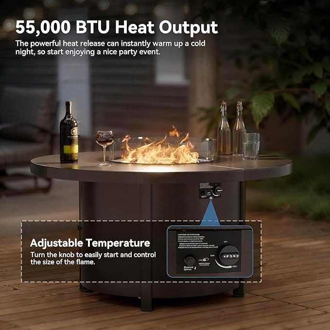 7 Piece Outdoor Dining Set for 6 with 48" Round Propane Fire Pit, Metal Outdoor Table and Chairs with 6 Swivel Chairs and 55000 BTU Outdoor Fire Pit, Patio Furniture Set for Patio, Deck, Navy