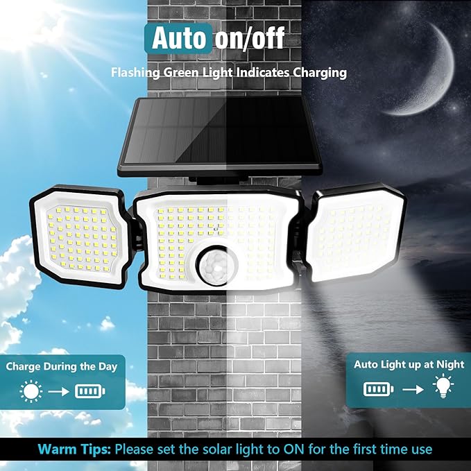 Solar Lights Outdoor Waterproof- 2800LM 200LED Solar Motion Sensor Lights, 3 Heads & 3 Modes Flood Lights, 270° Wide Angle Solar Powered Security Lights for Yard, Garage(3 Pack)