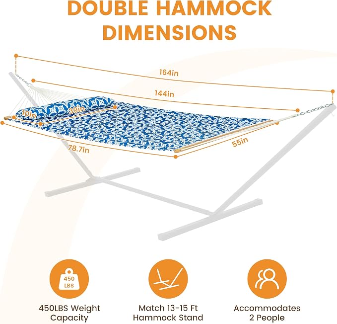 Lazy Daze Hammocks 12FT Quilted Fabric Hammock with Soft Pillow, Double 2 Person Tree Hammock with Spreader Bar for Outside Patio Poolside Backyard Beach, 450lbs Capacity