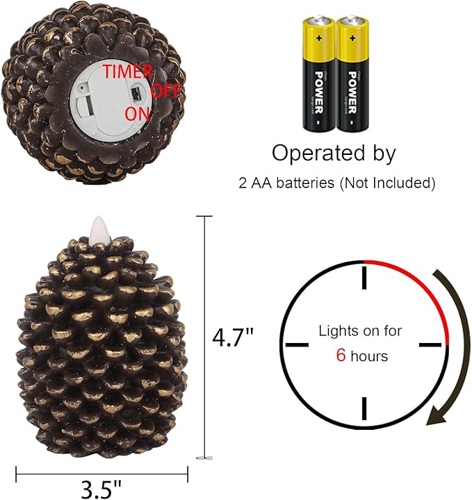 LED Flameless Pinecone Candles with 6H Timer, Battery Operated Waxy Pillar Candles, 2 Pack Christmas Candles Flickering Acorn Decor Woodsy Home Décor Christmas Gifts(Brown, 3.5 x 4.7 Inch)