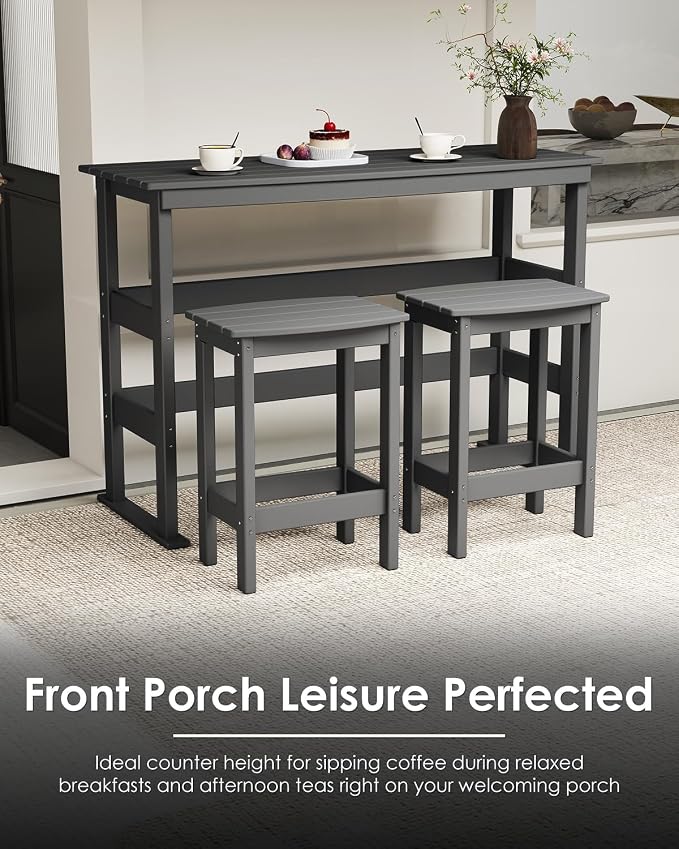GREENVINES Outdoor Bar Set | HDPE Plastic | 3-Piece | 37″ Counter Height Patio Table & 2 Backless Stools | Rectangle | High Top | All Weather | for Backyard Balcony Poolside | Grey
