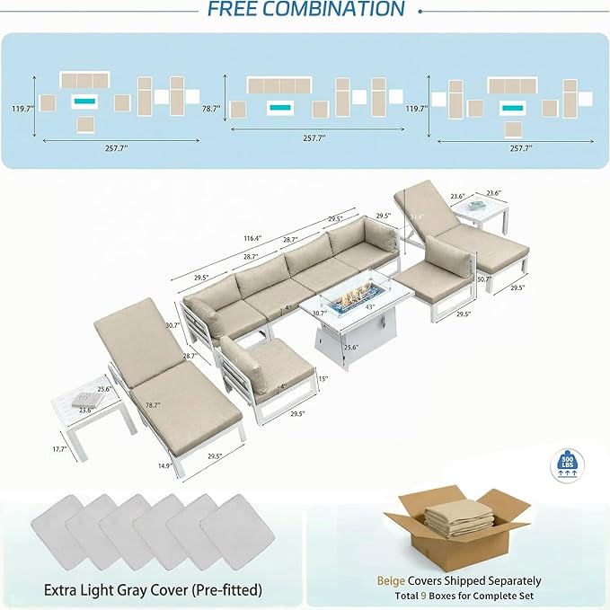NICESOUL 8 Person Modern Aluminum Outdoor Patio Furniture Set with Chaise & Firepit Table, 29" Wide Deep Seating, Water Resistant Modular Sectional Couch, Large Conversation Set for Poolside, Beige