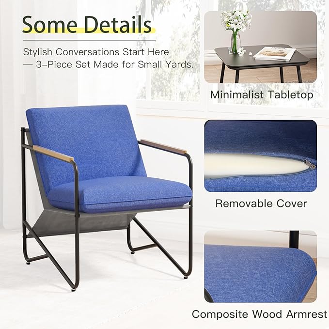 3-Piece Patio Furniture Set, Compact Outdoor Conversation Set with 2 Chairs and Glass Table, Weather-Resistant for Apartment Patio, Small Spaces, Balcony, Backyard – Navy Blue