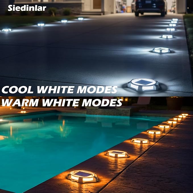 SIEDiNLAR Solar Deck Lights Outdoor 2 Modes LED Driveway Markers Dock Light Waterproof for Walkway Step Ground Stair Pathway Yard Garden Road 16 Pack (Cool White/Warm White)