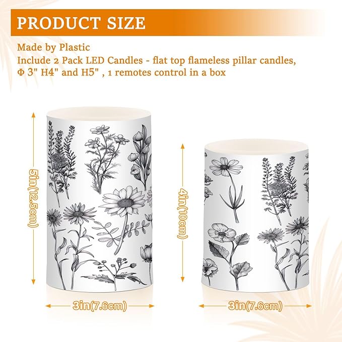 Graffiti Flower Pattern Flameless Candles Color Changing LED Candles with Remote Control Battery Candles for Outdoor and Indoor Home and Room Decoration, 3'' x 4''/5'' Set of 2 Pieces