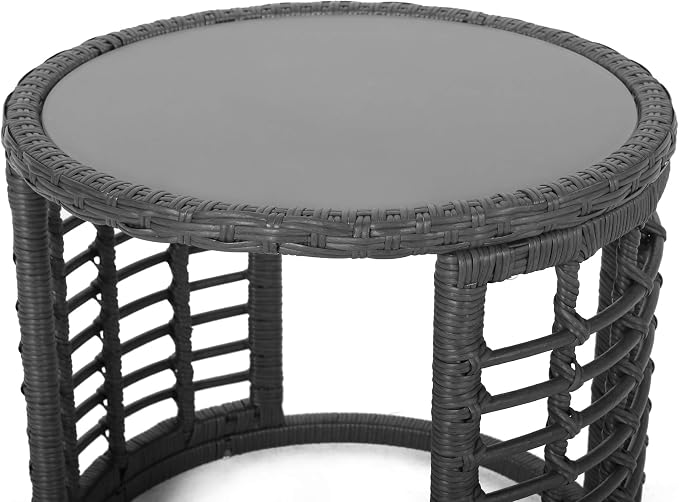 GDFStudio Outdoor Modern Boho Wicker Side Table with Tempered Glass Top, Gray