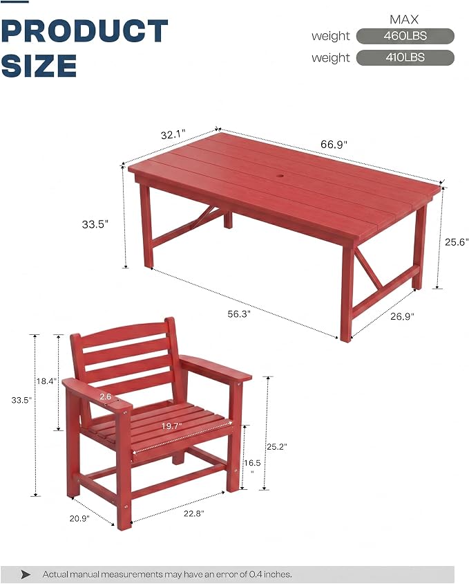 5-Piece Outdoor Dining Set for 4,Red | HDPE table, chairs included, umbrella hole design, weather-resistant furniture, perfect for balcony, deck, backyard