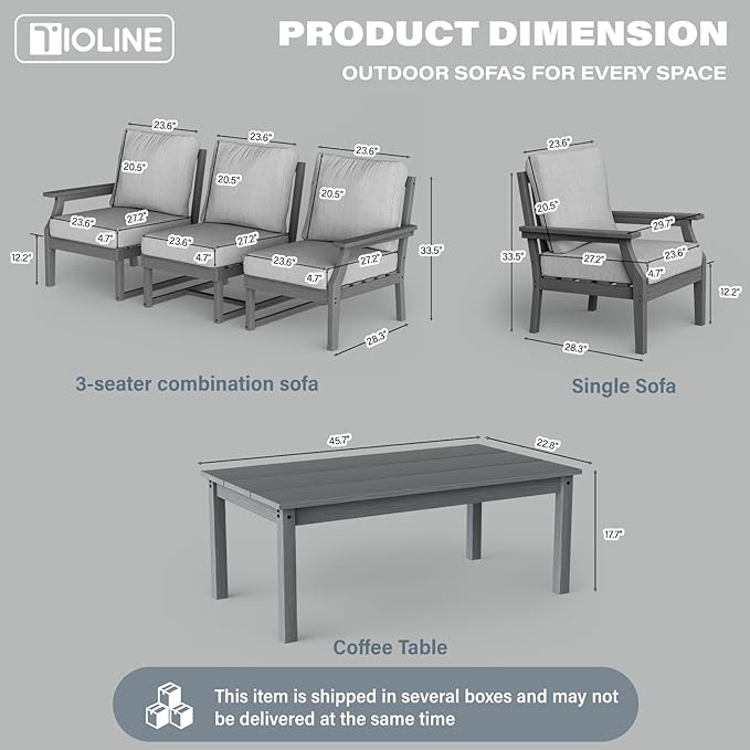 HDPE Patio Conversation Set, 6-Piece All Weather Outdoor Furniture Set with 2 Single Armchairs for Deck, Lawn, with Cushion, Gray