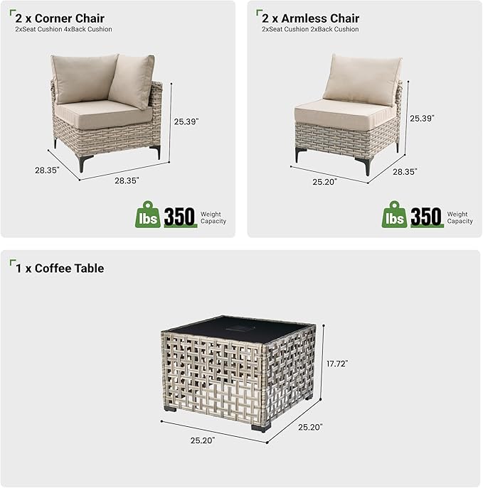 5 Piece Outdoor Patio Furniture with Glowing Coffee Table, Rattan Wicker Conversation Set with Sofa, Sectional Single Chairs for Outside Porch Balcony Backyard Pool,Beige