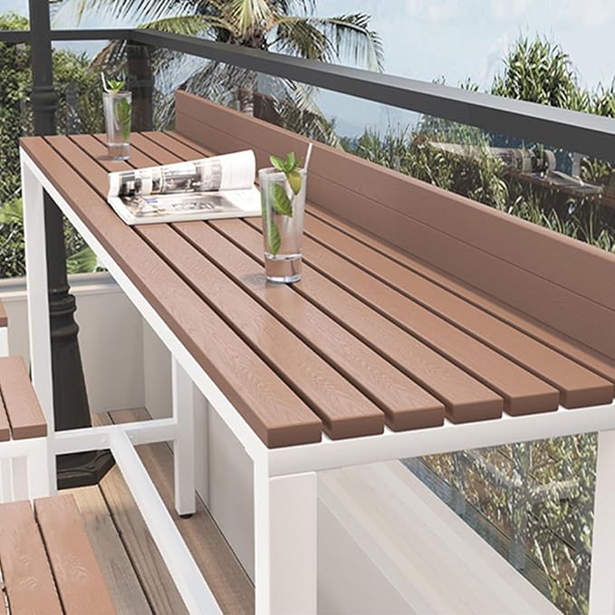 Outdoor Bar Table, Patio Pub Height Table with Anti-Fall Baffle, All-Weather Bar Height Counter Table, Narrow Dining Table for Hot Tub, Garden & Backyard(Color:White+Wood,Size:L-78.7in)