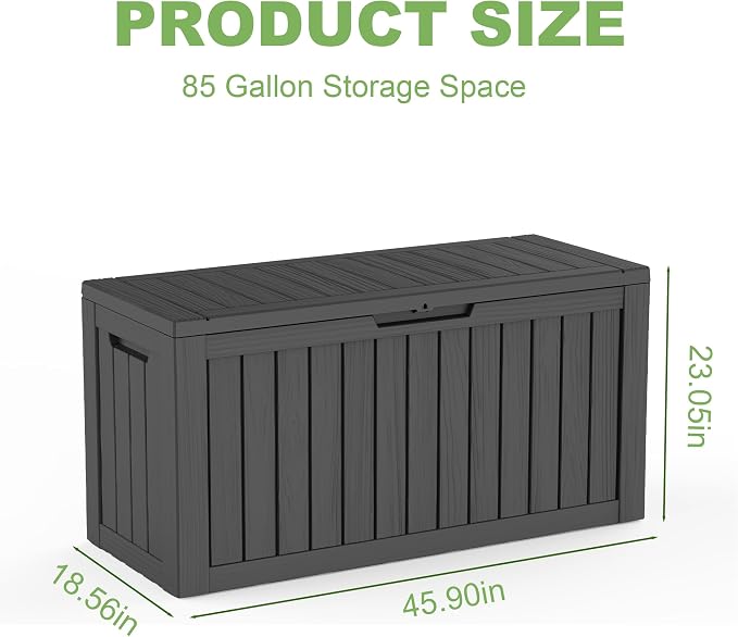 Waterproof Outdoor Storage Box, 85 Gallon Lockable Deck Box, UV-Resistant Outside Storage Bin With Hydraulic Lid For Patio Furniture, Cushion Organizer, Garden Tools, Pool Accessories, Black