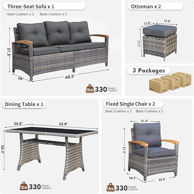 MEISSALIVVE 6 Pieces Patio Furniture Sets, PE Wicker Outdoor Conversation Sets with 2 Wood Armrests Single Chairs, 2 Ottomans and Dining Table (Grey)
