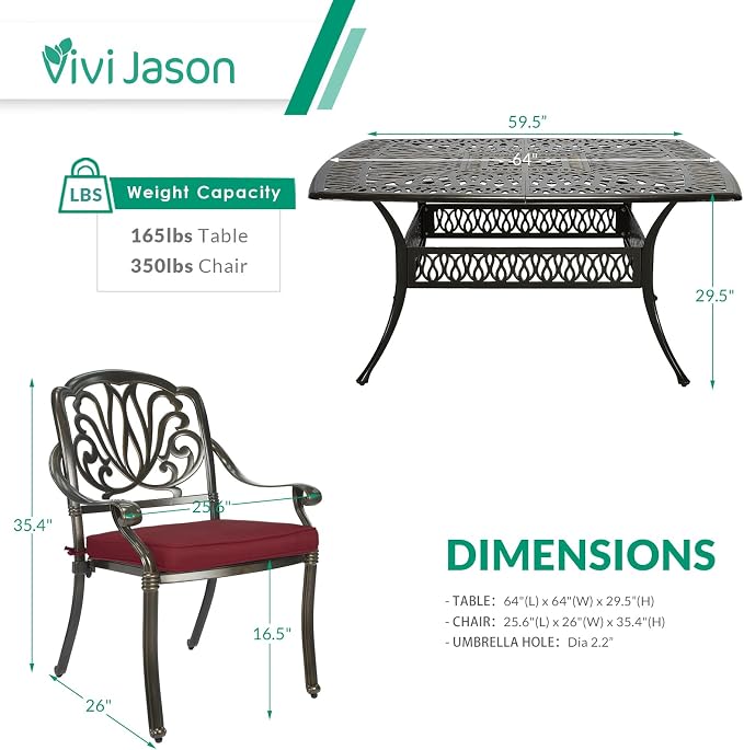 VIVIJASON 9-Piece Outdoor Furniture Dining Set for 8, All-Weather Cast Aluminum Patio Table and Chairs Set with 8 Cushioned Chairs, 64" Large Square Dining Table and Umbrella Hole for Deck Lawn, Red