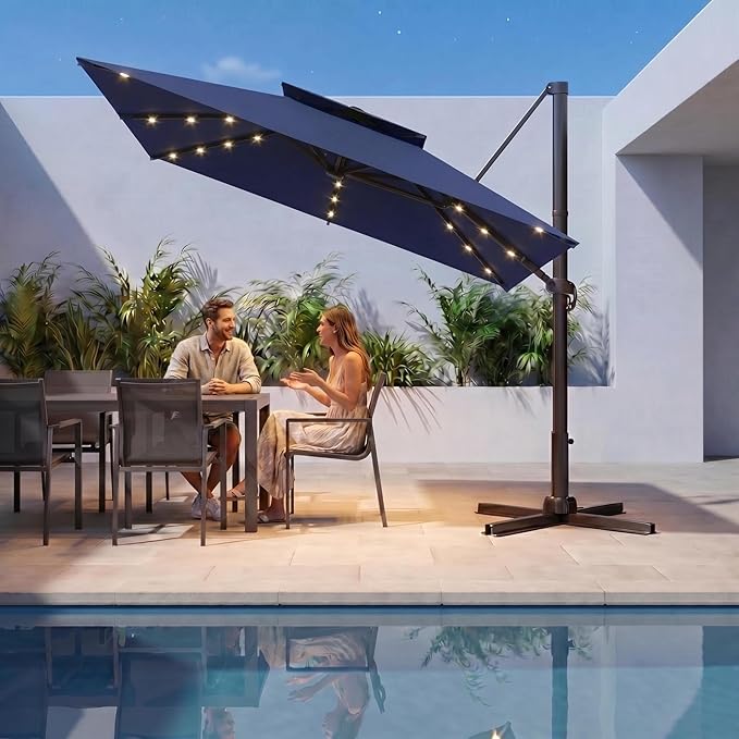 Kingdura Cantilever Patio Umbrella with Double Top Vent, Large Square Aluminum Outdoor Offset Umbrella with 360-degree Rotation, Infinite Tilt, UV Protection for Pool Deck Garden Patio