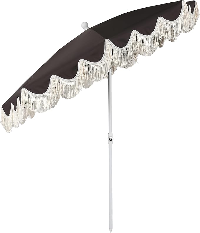 JONATHAN Y Mariner 6.5 ft. Beach Umbrella, Black Solid with Fringe, Push-Button Tilt, UPF 50+ Sun Protection and Carrying Bag for Patio and Pool, White Pole UMB1005R