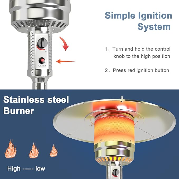 COSTWAY Outdoor Patio Heater, 50000 BTU Propane Heater with Stainless Steel Burner and Wheels, Triple Protection System, Standing Portable Outside Heater for Porch, Deck, Home and Commercial, Grey