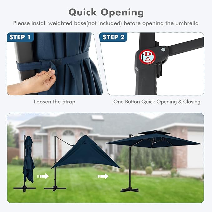 Tangkula 9.5 FT Cantilever Patio Umbrella, Outdoor Square Offset Umbrella with 360° Rotation, Double Top Heavy Duty Patio Hanging Umbrella with Cross Base for Garden Deck Pool Backyard (Navy)