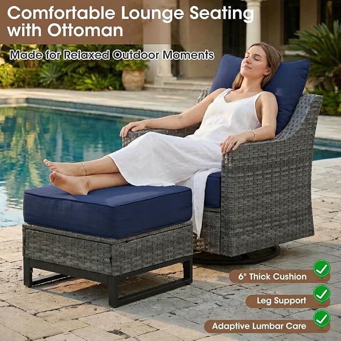 5-Piece Outdoor Patio Furniture Set, Grey Wicker Conversation Set with 2 Swivel Chairs, 2 Ottomans and Side Table, 6-Inch Blue Cushions for Porch, Deck, Backyard