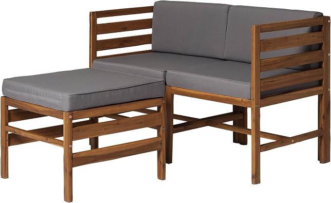 Walker Edison Ravello Contemporary 3 Piece Acacia Wood Outdoor Modular Chat Set with Cushions, Set of 3, Brown
