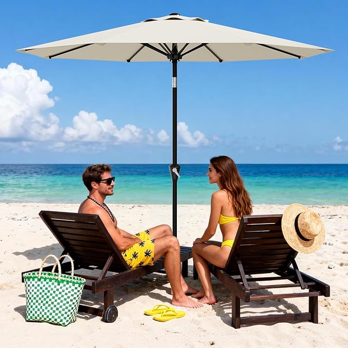 GarveeLife 9FT Umbrella Outdoor Patio, Table Umbrella with Push Button Tilt and Crank, 8 Sturdy Ribs Waterproof UV Protection for Garden, Pool, Deck, Backyard, Market (Beige White)