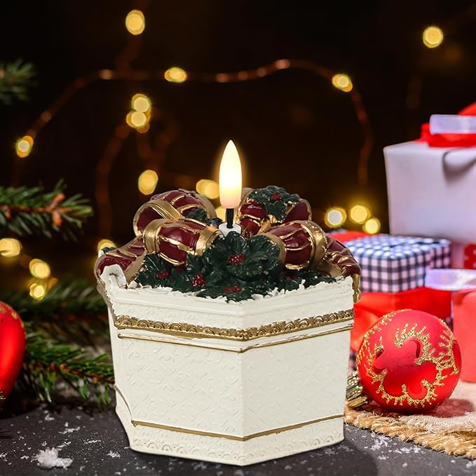 DRomance Christmas Flameless Candle Battery Operated with 6 Hour Timer Real Wax 3D Wick LED Flickering Pillar Candle Hand-Colored Painted Cake Gift Box Shaped Holiday Dinner Decor 3.5" D x 4.5" H