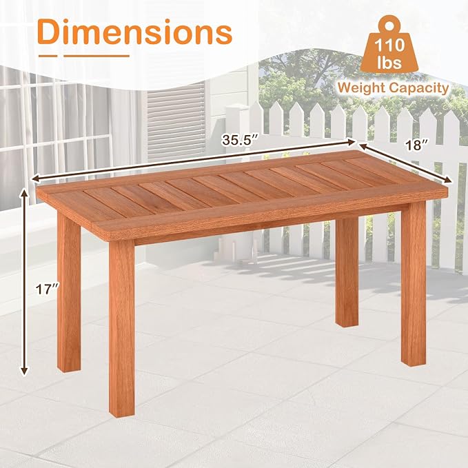 HAPPYGRILL Outdoor Wooden Coffee Table Patio Solid Wood Center Table with Slatted Tabletop, Rectangular Outside Table for Deck, Poolside, Backyard, Garden